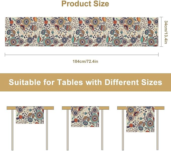Boho Floral Table Runner,Vintage Flowers Tropical Plants Country Style Table Cloth Kitchen Dining Table Home Party Decoration 13x120 Inch