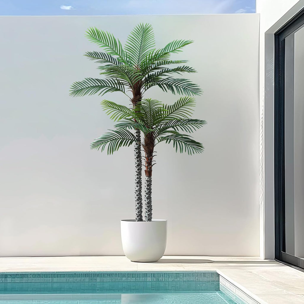 nafresh 8ft tall uv resistant faux palm tree on a desk or shelf