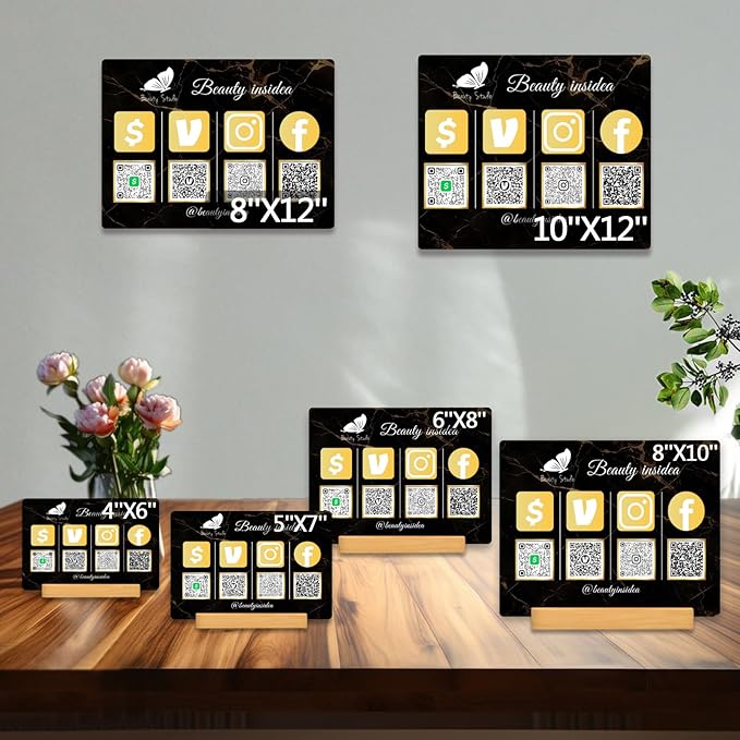 Personalized Custom Metal QR Code Sign Venmo Cashapp Scan to Pay with Stand Instagram Facebook Social Media QR Signs Bar Code QR Plaque Print for Business Salon Beauty Store Restaurant Wifi Sign (Vertical 4)