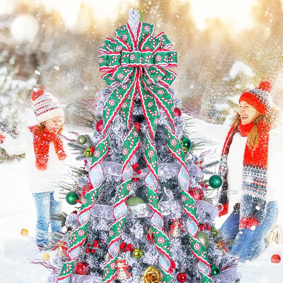 Christmas Tree Topper Wreath Bow Large Green Christmas Bow Tree Topper 52"x13" Red and Green Cane Patterned Gift Bows for Xmas Holiday Home Wedding Thanksgiving Indoor/Outdoor Decoration