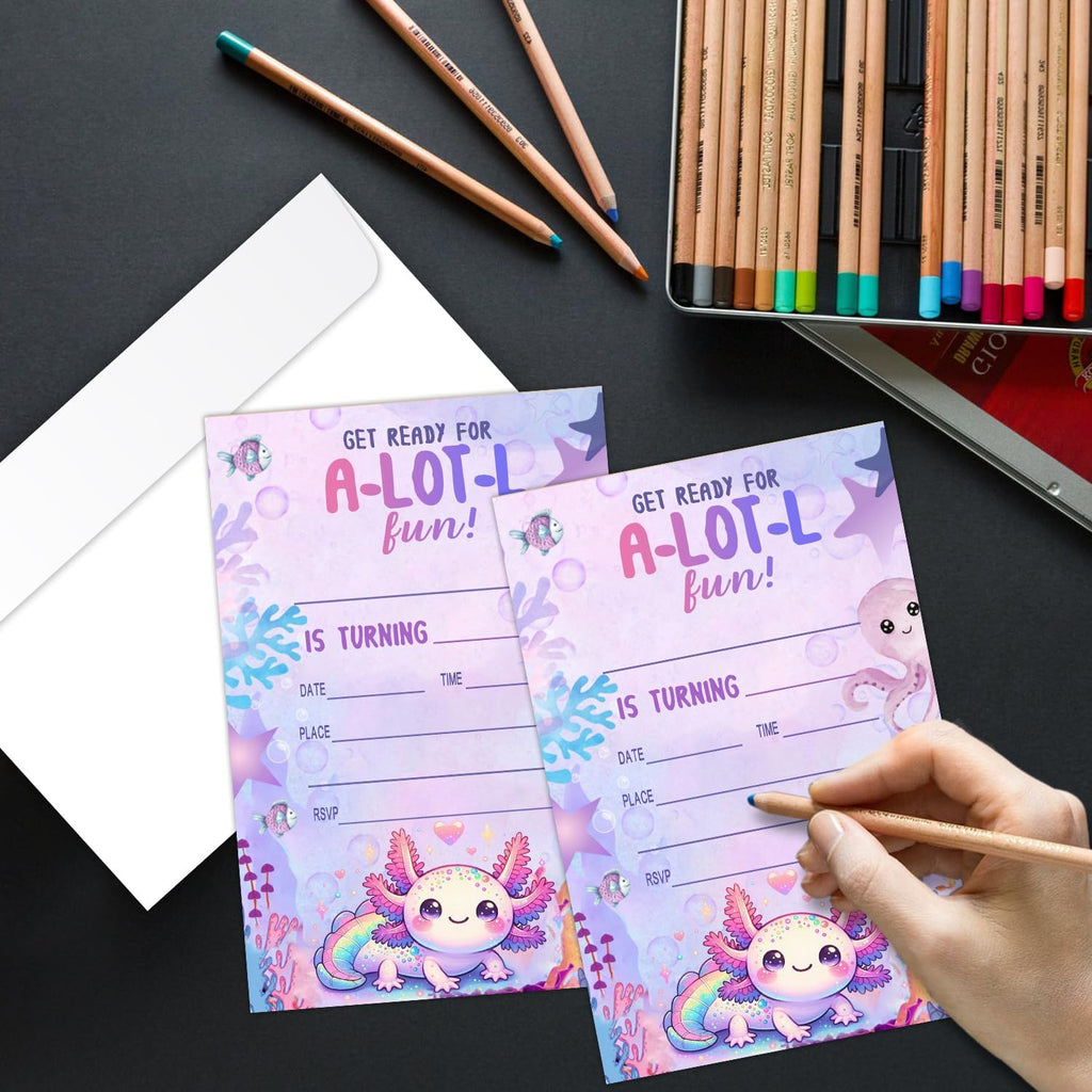 Axolotl Birthday Party Invitation Cards for Kids, 20 Party Invites with Envelopes, Cute Purple Ocean Animal Birthday Invitations for Boys Girls Teens Children, Axolotl Birthday Party Decorations -L860