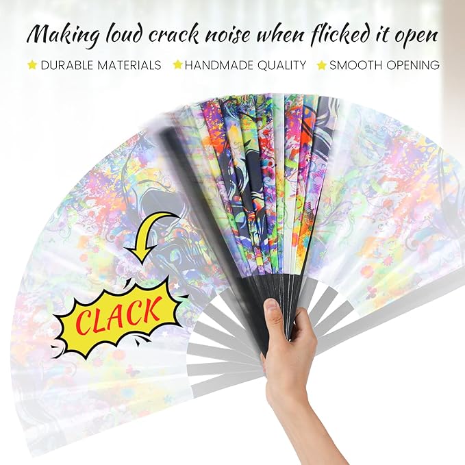 SYNTECSO Folding Hand Fan for Rave, UV Glow Fan, Large Bamboo Fan for Drag Queen, Women and Men Gift，Chinese Japanese Clack Fan for Parties, Music Festivals, EDM and Decoration