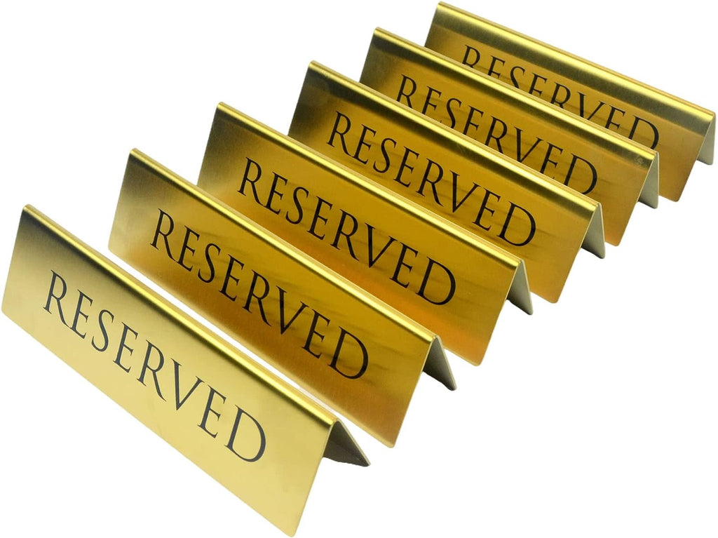Golden Metal Table Top Reserved Sign for Restaurants, Wedding, Ceremony and Events, Double Sided Tent, 6x1.75 inches (Pack of 6)