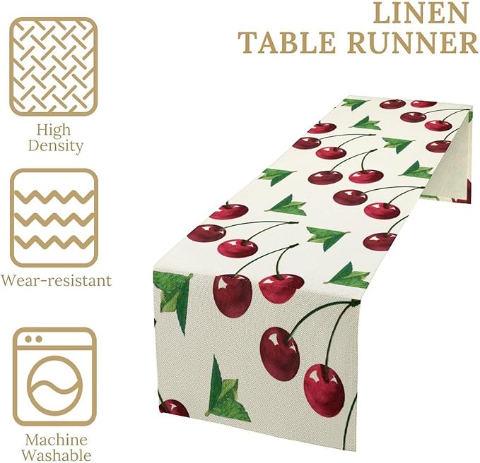 Red Cherry Table Runner Watercolor Tropical Fruit Spring Summer Wild Berry Dinner Runner for Girl Baby Party Holiday Home Kitchen Dining Table Decor 13x108