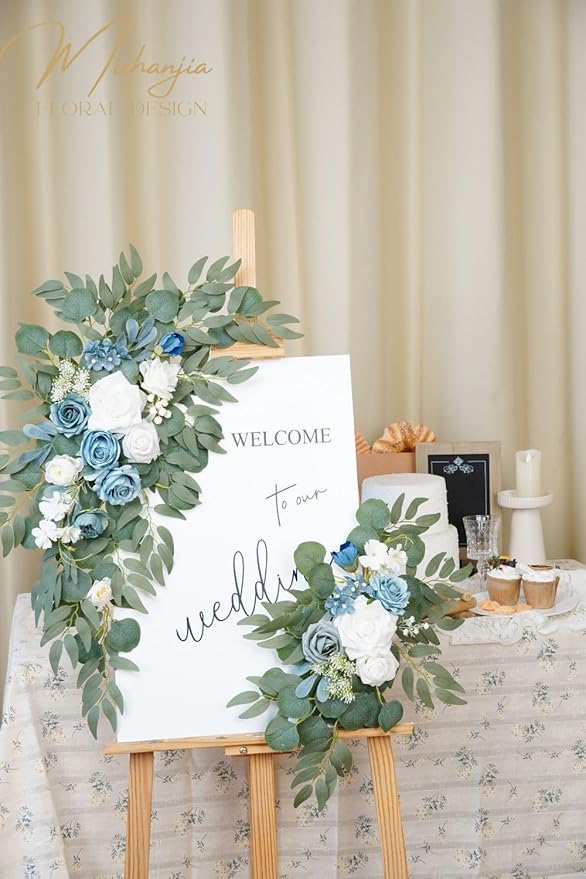 Wedding Sign Faux Flower Swag (Pack of 2) for Ceremony Party Reception Entrance Floral Decor Wall Easel Stand for Wedding Poster Welcome Sign(Blue)