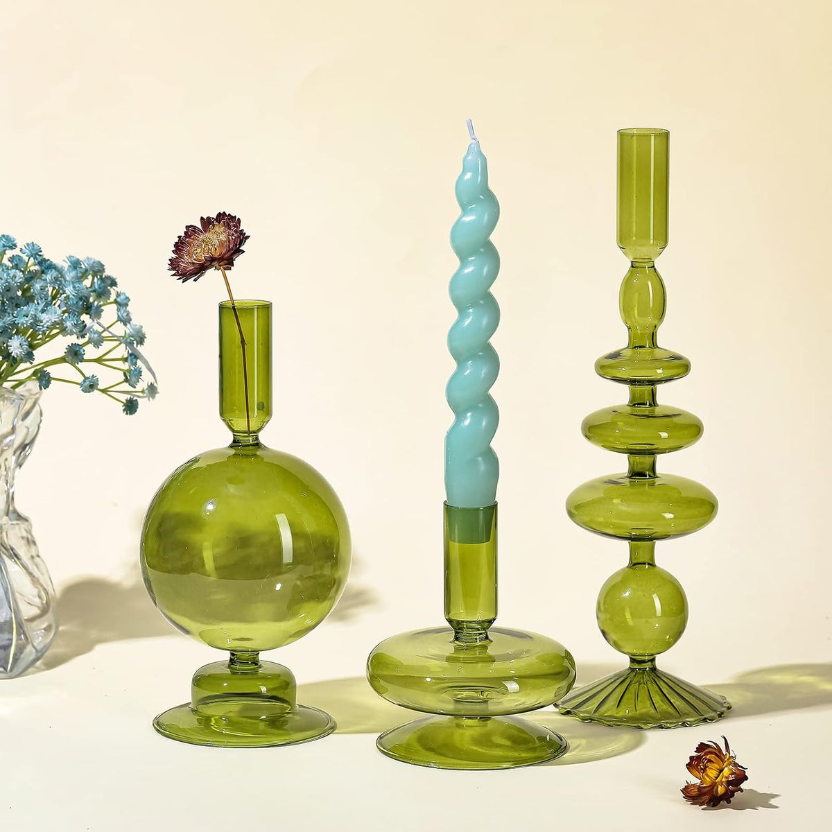 Rtteri 3 Pcs Glass Candle Holder Candlesticks Holders, Green