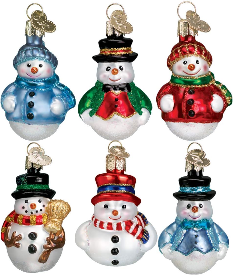 Old World Christmas Mini Snowman Set Glass Blown Ornament for Christmas Tree, Handcrafted Holiday Decoration, Set Collection