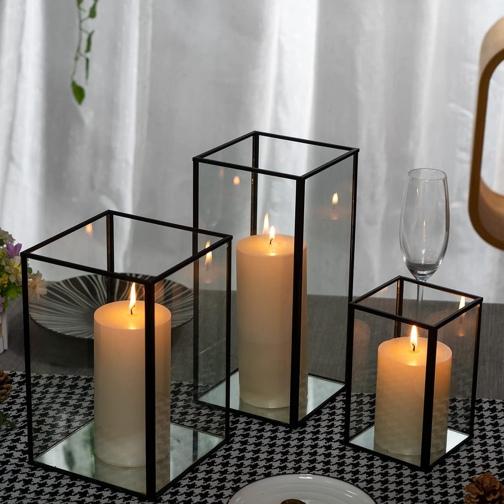 yshengood Large Glass Hurricane Candle Holder Set of 3 PCS, Black Frame and Glass Hurricane Candleholders