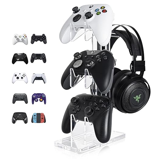 OAPRIRE Universal 3 Tier Controller Stand and Headset Stand for XBOX ONE X SWITCH PS4 PS5 PC, Controller Holder Gaming Accessories, Build Your Game Fortresses (Clear)
