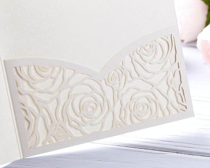 20 Pcs Laser Cut Wedding Invitations Card Pocket with Envelope for Birthday Party Baby or Bride Shower Invite suitable for 5 * 7 Inches Insert Paper (Ivory)