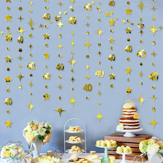 Gold 40th Birthday Decorations Number 40 Circle Dot Twinkle Star Garland Metallic Hanging Streamer Bunting Banner Backdrop for Women Mens 40 Year Old Birthday Forty Anniversary Party Supplies
