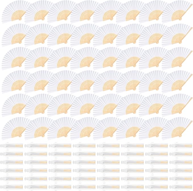 48 Pieces White Hand Held Bamboo Folding Fans Paper Fans Handheld for Women Foldable Girls Wedding Decoration Church Home Party Favors Summer
