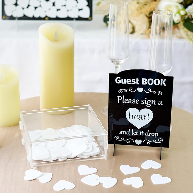 AerWo Wedding Guest Book Alternative, Acrylic Guest Book Wedding Reception Wedding Heart Guest Book Drop Box with Picture Frame,100 Acrylic Hearts,Wedding Signs for Graduations Baby Shower Anniversary