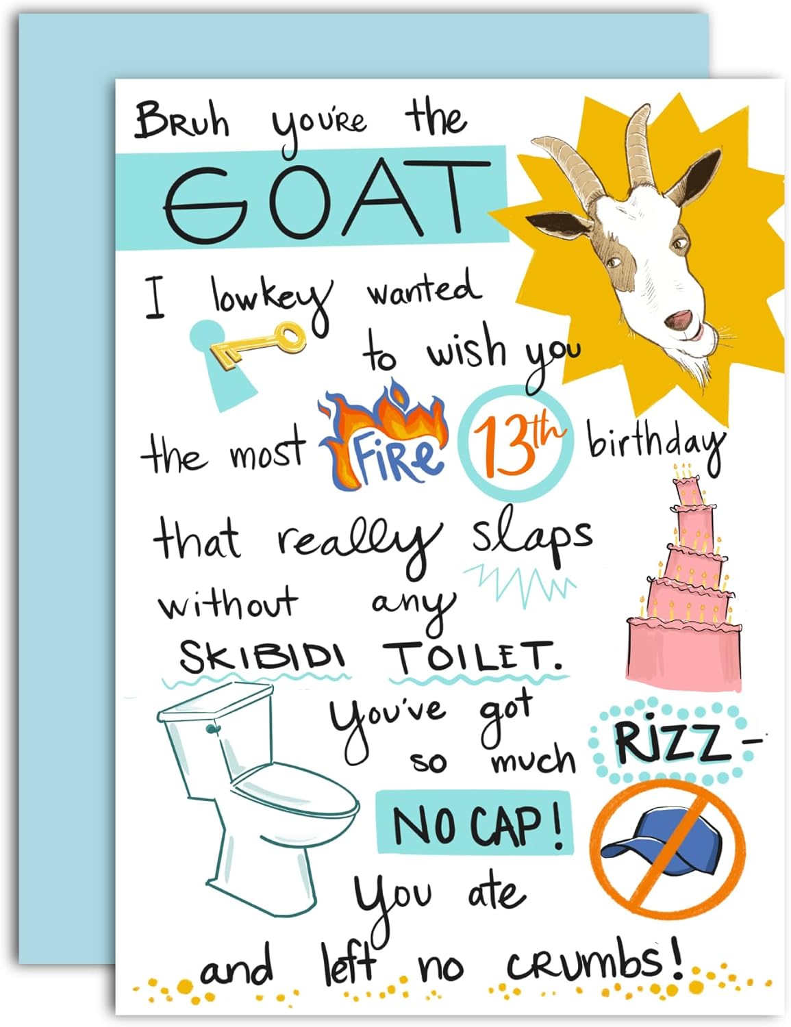 Gooji Funny 13 Birthday Card For Teenage Boy & Teen Girl - Humorous Gen-Z Slang Gift To Grandson, Daughter, Nephew, Niece - Premium 5x7 Slaps With Blue Envelope