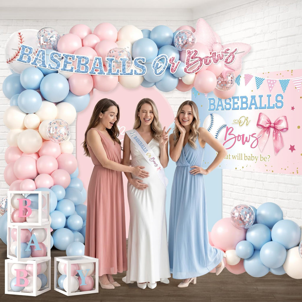 cocomigo baseballs or bows gender reveal decorations, serves, side view