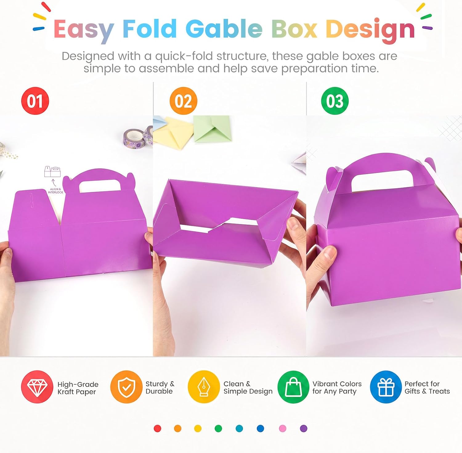 VGOODALL 16PCS Gable Treat Boxes Goodie Bags, 6.1 × 3.5 × 3.3 inch Colorful Paper Gift Boxes for Kids Snacks, Candy, Toys, Birthday Party, Wedding