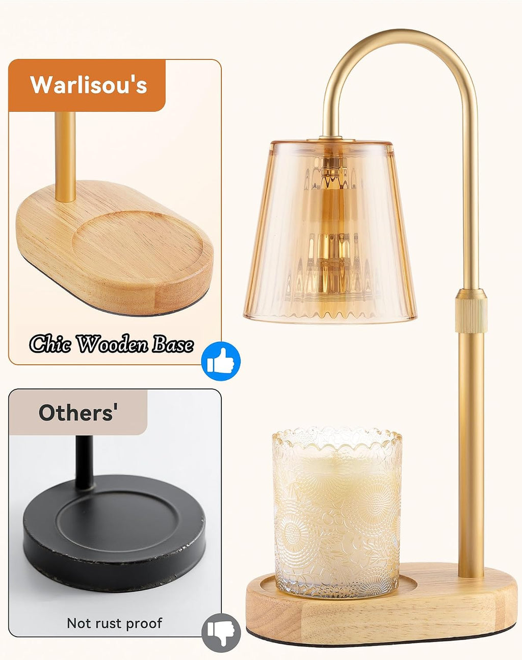 Adjustable Candle Warmer Lamp with Timer - Electric Light Wax Warming Dimmable Flameless Top Melter Heater Melting Heating Height Small Jar Candles Gifts Women Mom Birthday Home Desk Modern Decor