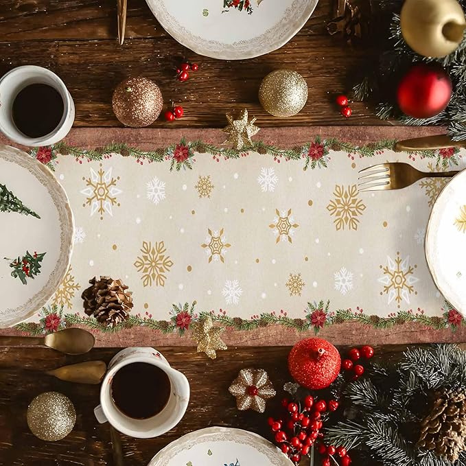Christmas Gnomes Cotton Linen Table Runner for Dining Kitchen, Xmas Pine Tree Snowflake Rustic Wedding Outdoor Party Tablerunners Decoration, Retro Wood Dresser Scarf Tablecloth Runners 13x90 Inches