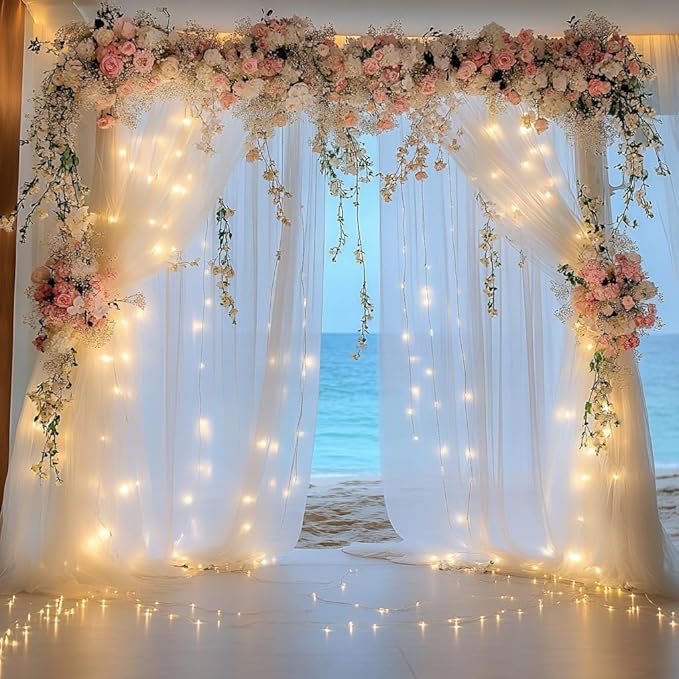 Tulle Backdrop Curtain with Lights String 20 X 8FT White Sheer Tulle Backdrop Curtains for Wedding Birthday Party Reception Photo Booth Background Decorations (4 Panels 5x8FT)