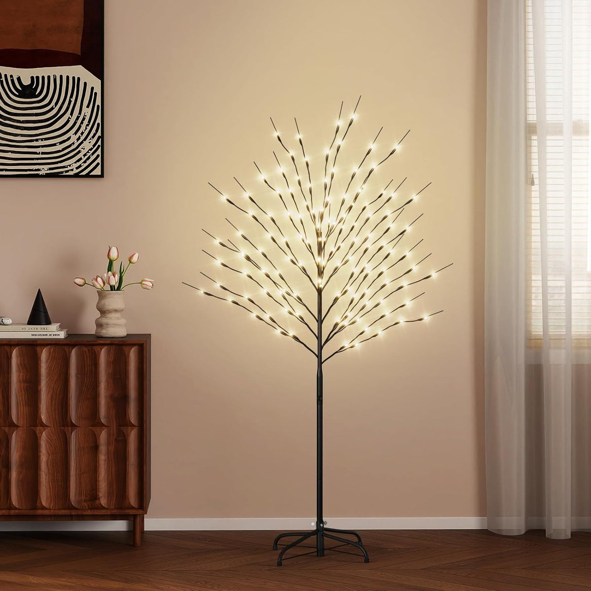 docred 5ft lighted tree with warm white led shown in use