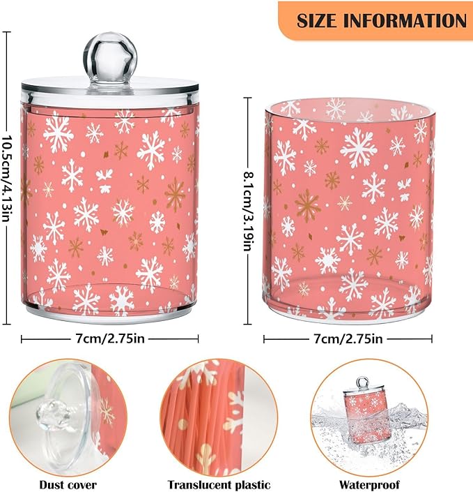 Gredecor 2 Pack Qtip Holder Clear Christmas Golden Pink Snowflakes Apothecary Jars with Lids Acrylic Christmas Winter Bathroom Jars Vanity Canister Storage Organizer for Cotton Ball,Swabs,Pads,Floss
