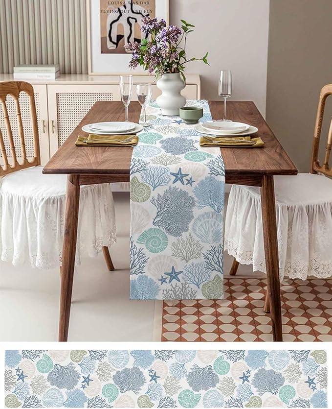 Coastal Coral Cotton Linen Table Runner for Dining Kitchen, Wedding Outdoor Party Tablerunners Decoration, Blue Nautical Starfish Ocean Shell Beach Dresser Scarf Coffee Tablecloth Runners 13''x120''