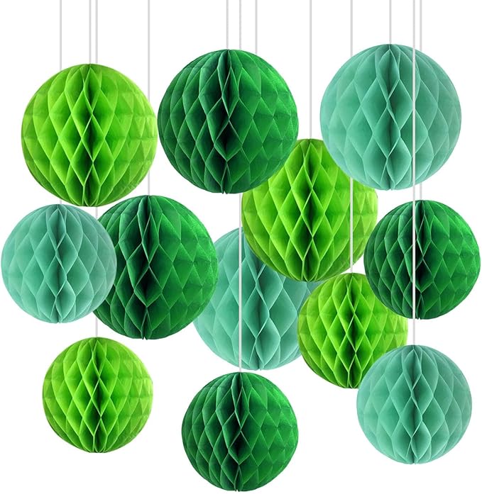 CC wonderland zone 12pcs Green Paper Honeycomb Balls,Hanging Tissue Pom poms for Party Decoration,6inch&10inch