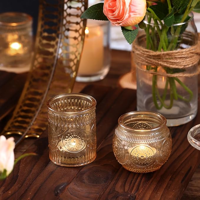 DARJEN 24Pcs Gold Votive Candle Holders - Glass Candle Holder Bulk for Table Centerpiece, Tea Lights Candle Holders for Home, Christmas Party & Wedding Shower