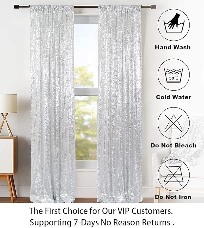 ShinyBeauty Silver Sequin Curtain 2Panels 5FTx10FT Glitter Wedding Backdrop for Photography - Shimmer Payette Fabric Background