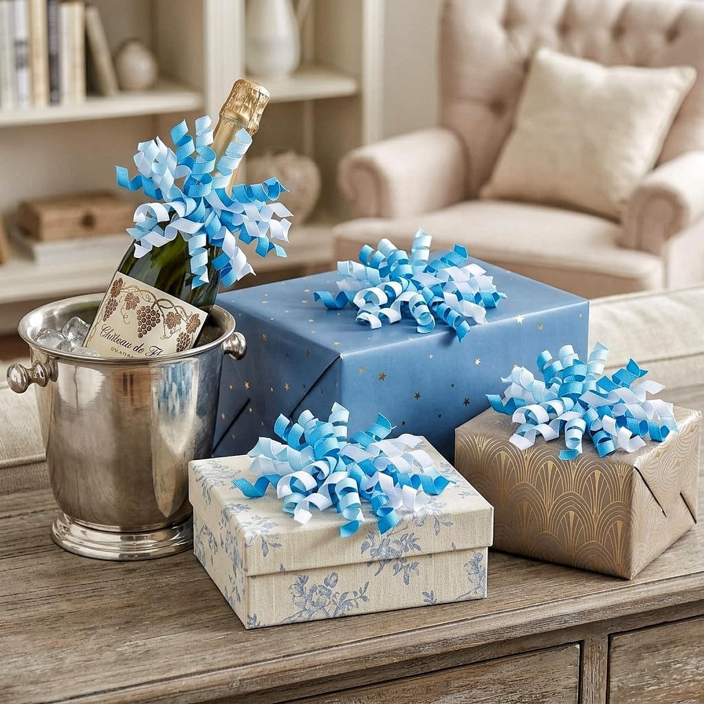 6PCS Blue Self-Adhesive Curly Bows, 6" Pre-Made Bows for Gift Wrap, Grosgrain Ribbon Bow for Basket Decoration, for Champagne, Present Bow for Birthday, Party, Anniversary (Mix Blue, 6 inches)