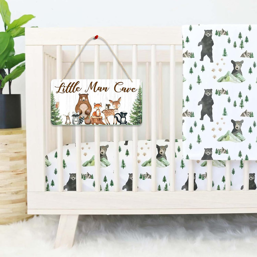 Uflashmi Wood Little Man Cave Sign, Woodland Animal Nursery Wall Decor for Baby Boys Room, Woodland Theme Nursery Room Decor for Toddler Boy, 12”x6”