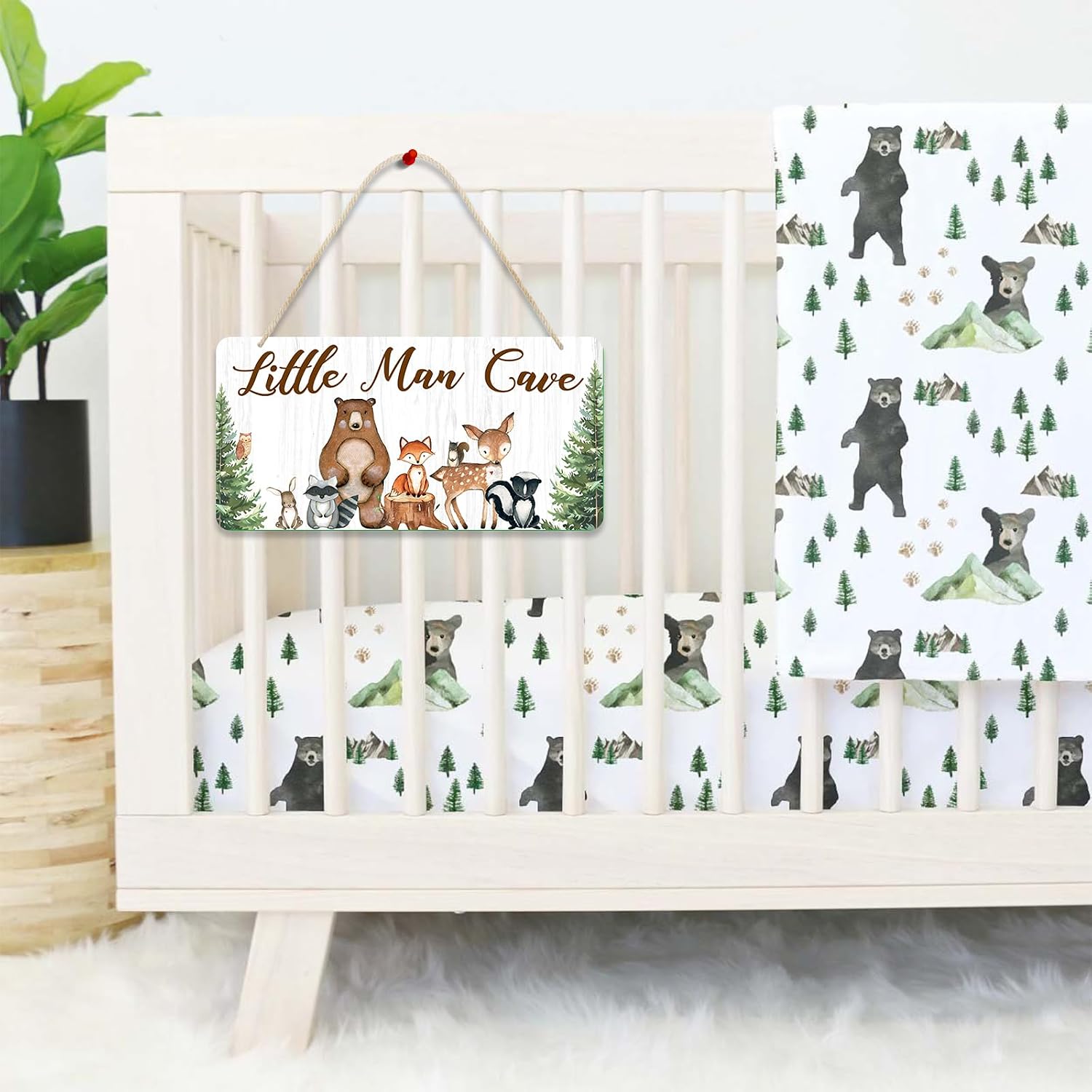 Uflashmi Wood Little Man Cave Sign, Woodland Animal Nursery Wall Decor for Baby Boys Room, Woodland Theme Nursery Room Decor for Toddler Boy, 12”x6”