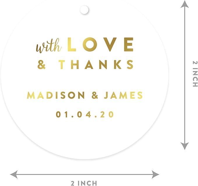 Andaz Press Personalized Round Circle Wedding Gift Tags, Metallic Gold Ink, with Love and Thanks, 24-Pack, Custom Made Any Name