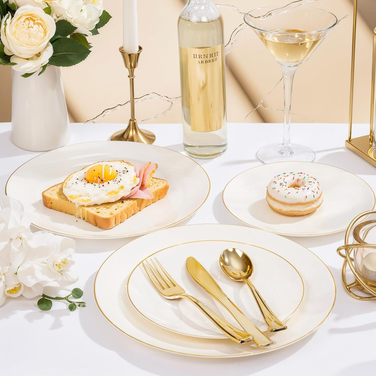Nervure 100Pcs Ivory and Gold Plastic Plates, 7.5″Disposable Dessert Plates