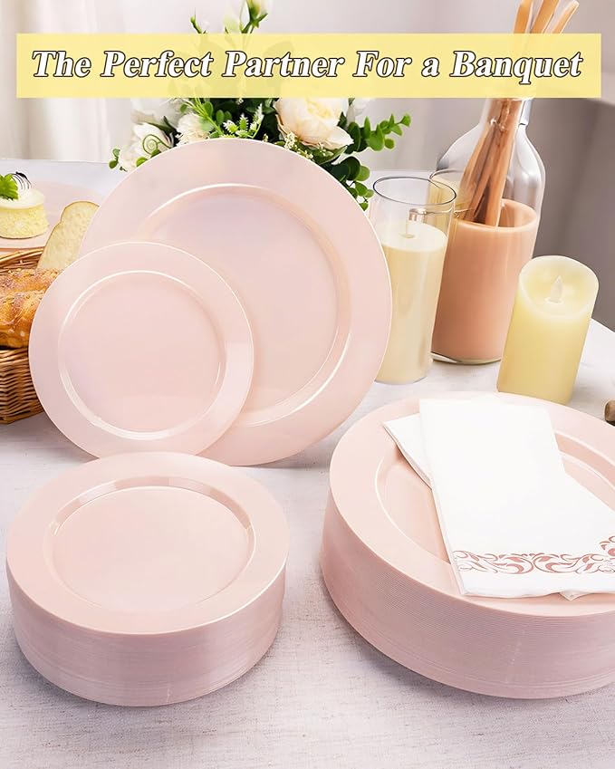 200PCS Pink Plastic Plates Set, 100 10.25 inch Dinner Plates and 100 7.5 inch Dessert Plates, Premium Disposable Plates for Party, Wedding