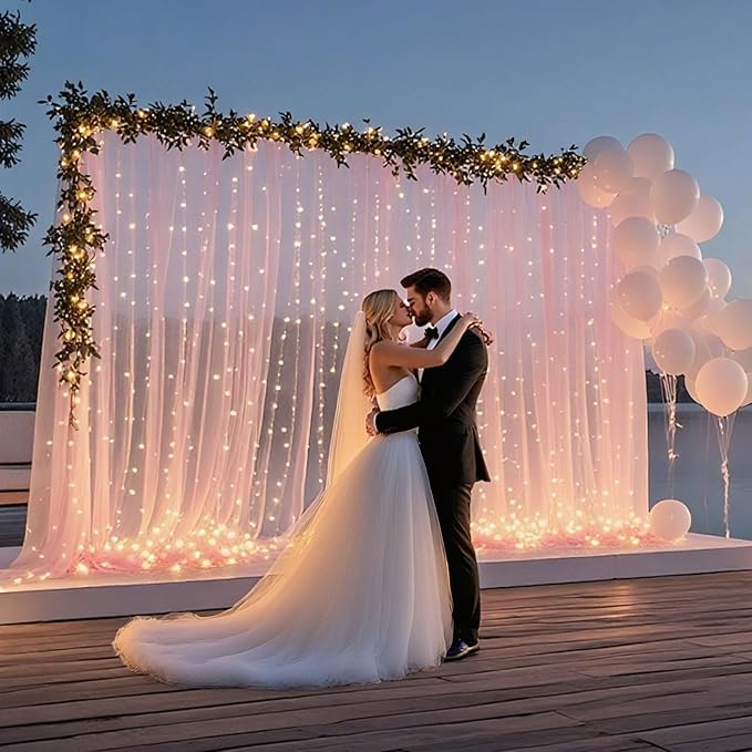 10×8ft Tulle Backdrop Curtains with Lights String - 300LED Fairy Lights Sheer Curtain Backdrop for Weddings Baby Shower and Birthday Party Decorations(8 Panels 5×8ft)