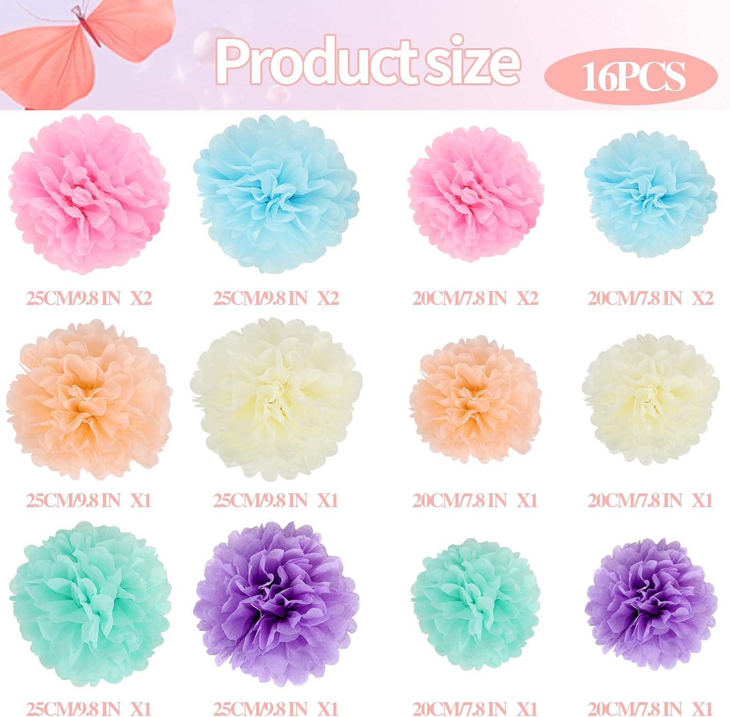 BestoFun 16Pcs Pastel Party Decorations - Pom Poms, Paper Flowers for Wedding, Birthday, Engagement Receptions, Bridal Shower