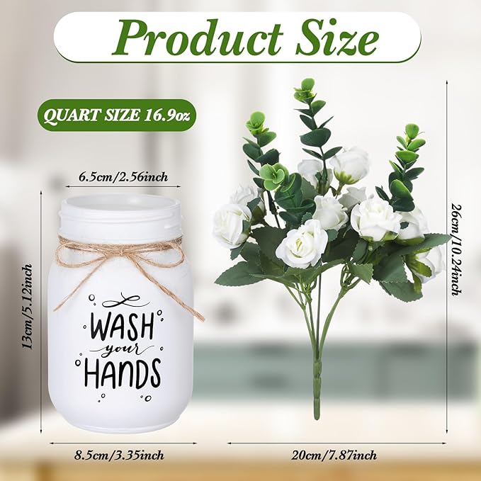 XunYee Farmhouse Bathroom Decor Wash Your Hands Sign Mason Jar with Flowers 16.9 oz White Mason Jar Centerpiece Table Rustic Decor for Restroom Bathroom Shelf Bridal Shower Kitchen