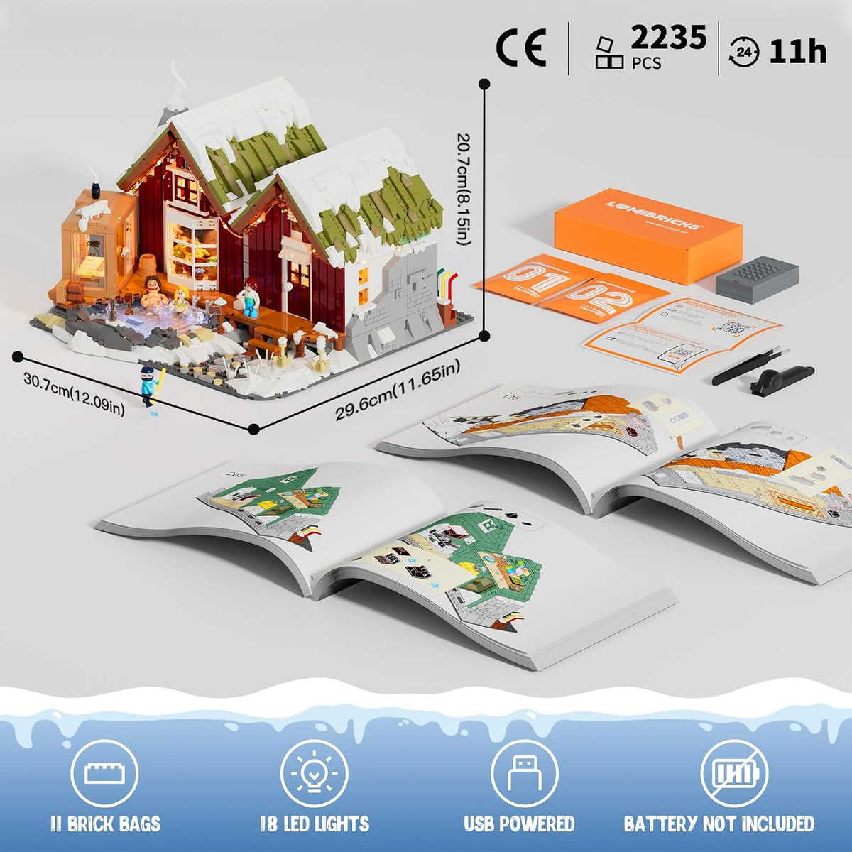 lumibricks spa-cabin winter lighting-building-bricks set - 2235 pcs, package contents
