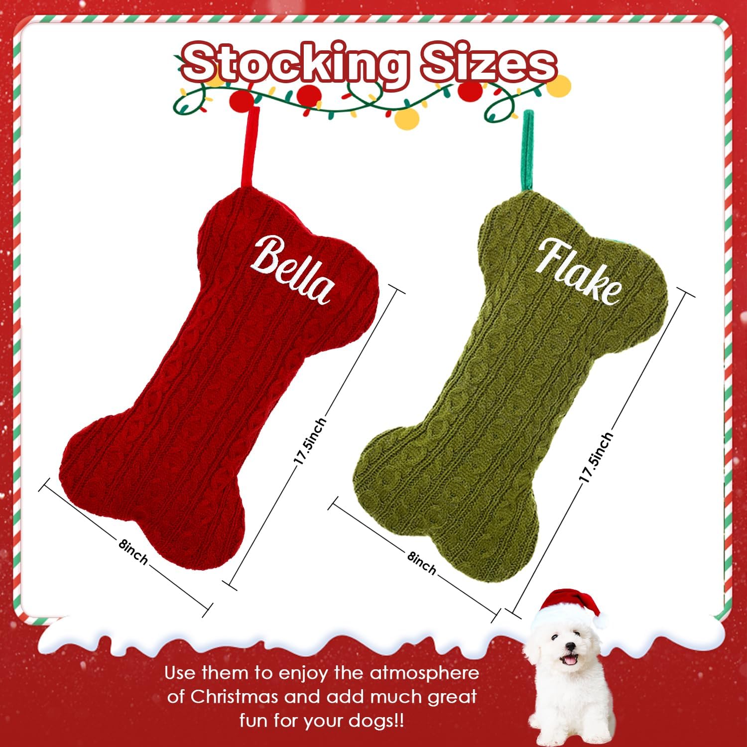1Pc Personalized Dog Christmas Stockings, Custom Embroidered Name Pet Dog Stockings Christmas, Family Knitted Bone Xmas Stocking with Name for Dogs