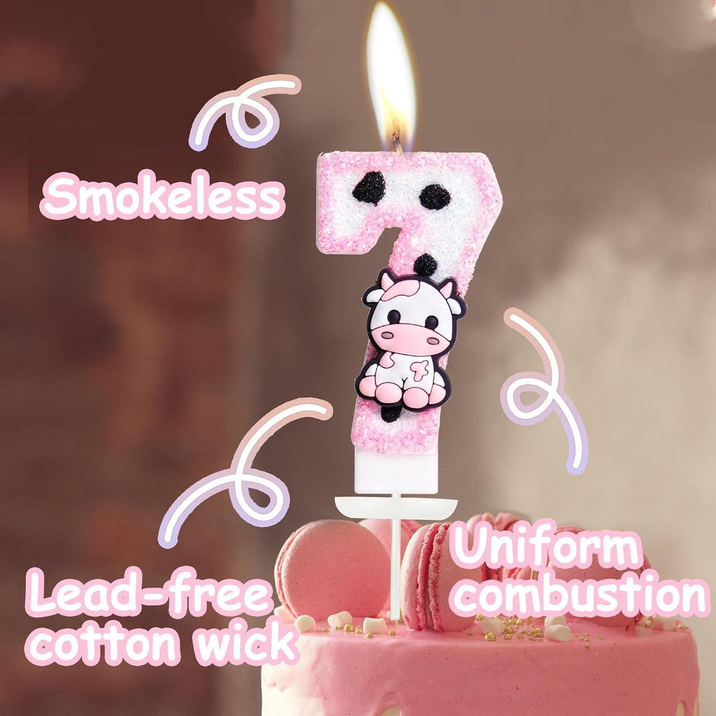 Pink Cow Glitter Birthday Candles Number 2 Birthday Decorations, 2 Year Old Birthday Decorations, Number 2 Candle for Cake, Cowgirl Theme Number Candle for Girls 2nd Birthday Party Décor
