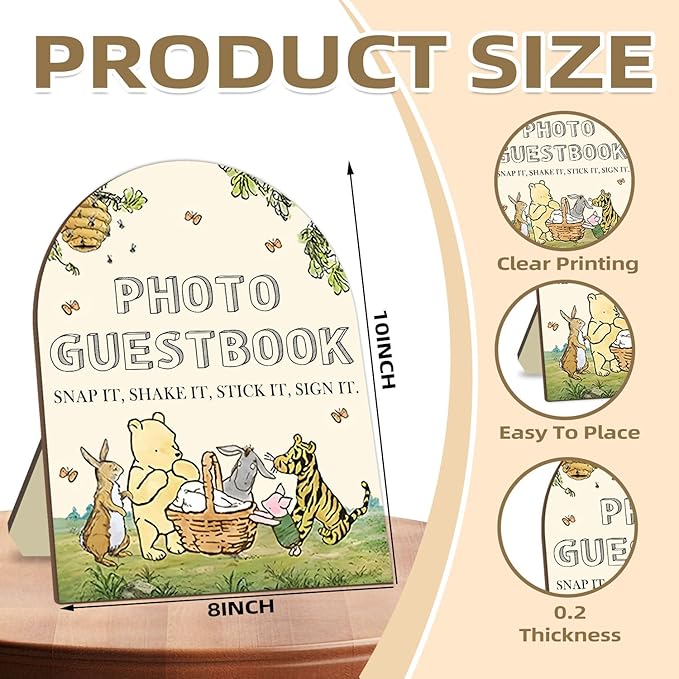 Winnie Wedding Photo Guestbook Desk Decor, The Pooh Photo Guestbook Wooden Sign, Baby Shower Party Decor, Wedding Party Supplies for Reception with Stand 8 * 10In