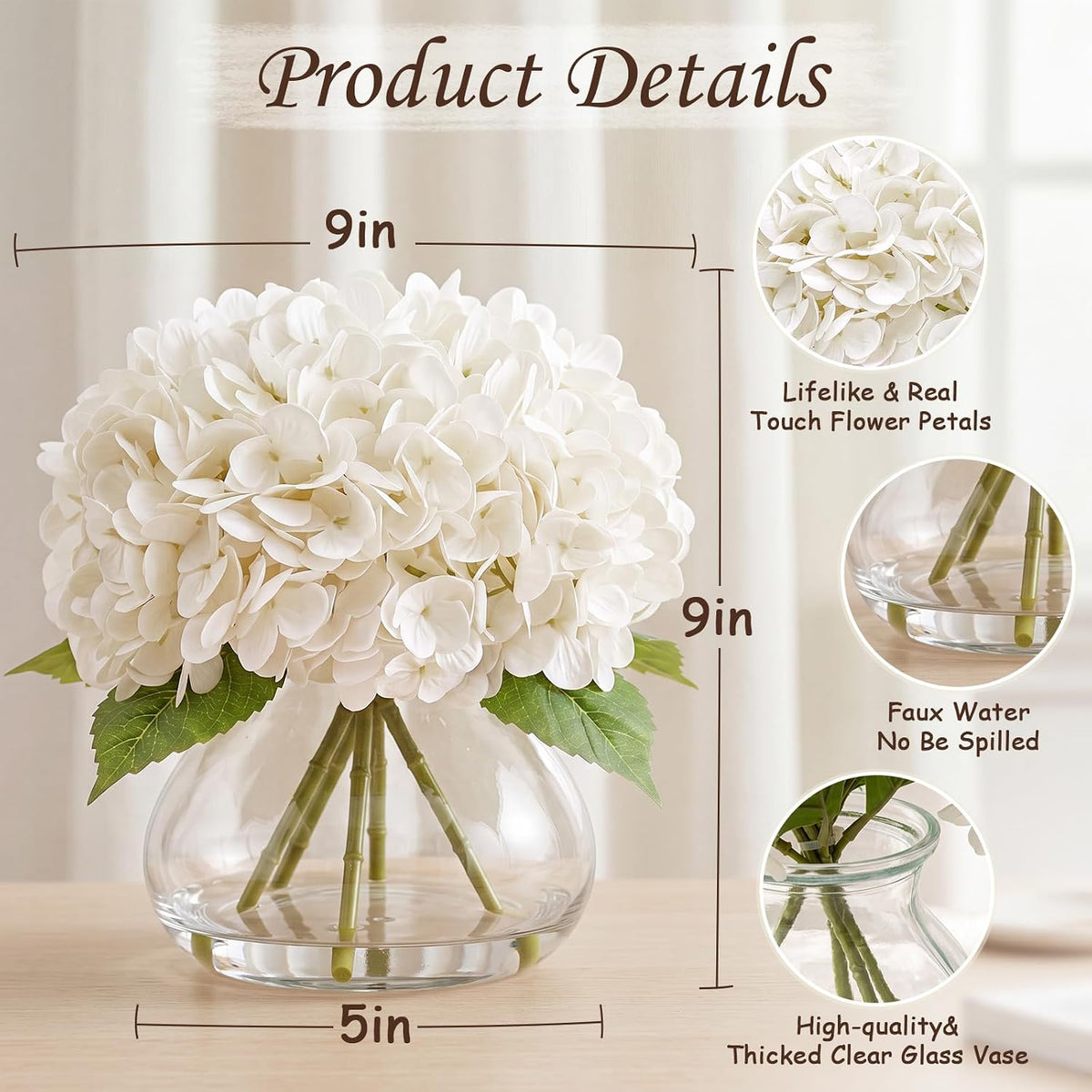 real touch artificial hydrangea in vase,premium faux flowers, close-up detail
