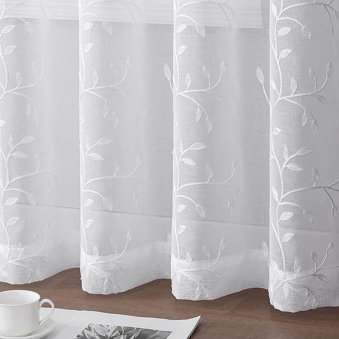 VISIONTEX White Sheer Voile Curtains, Decorative Beige Leaves Embroidery Faux Linen Rod Pocket Window Drapes for Home Kitchen, Living Room and Bedroom 54 x 63 Inch, Set of 2 Curtain Panels