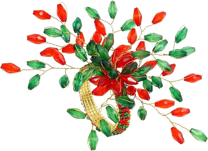 Handcrafted Beaded Napkin Rings Set of 6 – Red & Green Crystal Flower Design, Elegant Table Décor for Christmas, Weddings & Dinner Parties