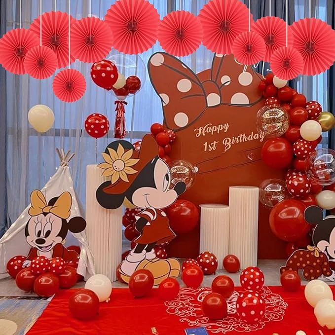 HQZ Red Party Hanging Fans DIY Set - 12pcs Pinwheels & Flowers for Weddings, Birthdays, Christmas; Hanging Fan Decorations