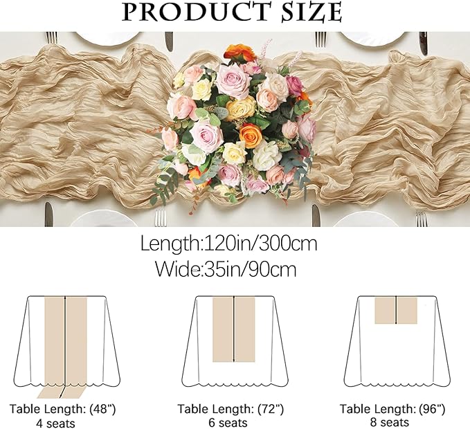 4 Pack Beige Cheesecloth Table Runner 35x120 Inch Boho Gauze Fabric Cheese Cloth Table Runner 10Ft Rustic Romantic Sheer Table Runners for Wedding Party Bridal Baby Shower Long Table Decoration