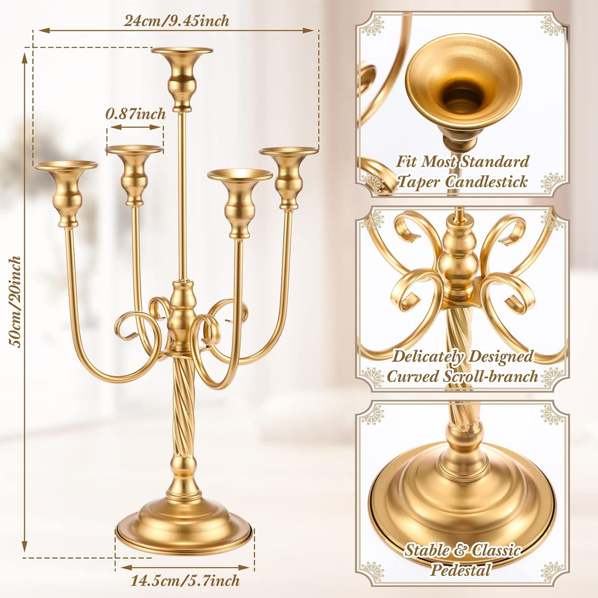 gold candelabra candlestick holder, 9.45 x 9.45 x shown in use