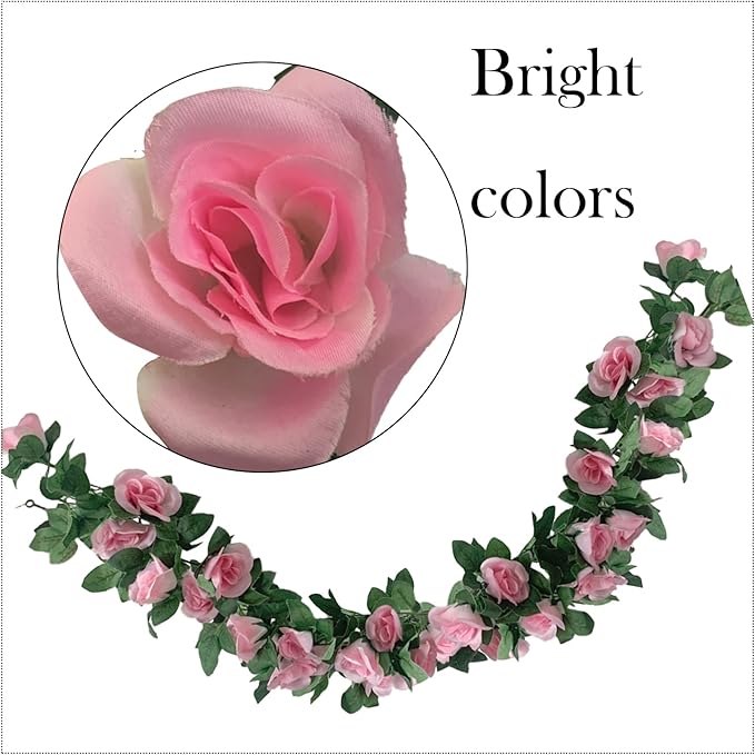 2 Pack Artificial Rose Vine Garland Fake Roses Flowers Plants Vines Hanging Floral Leaves Decoration for Wedding Party Table Garden Arch Wall Home Room Decor(Pink)