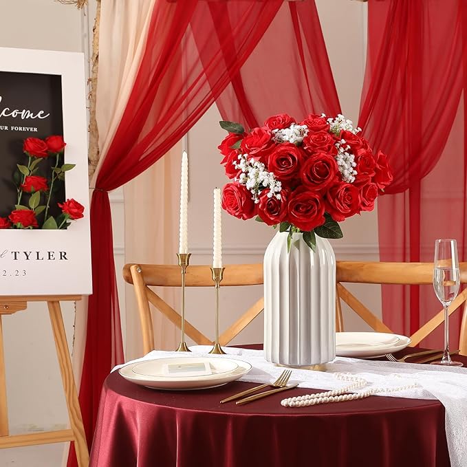 Tifuly 12 Pcs Red Roses Artificial Flowers,Realistic Long Stem Fake Silk Roses Bouquet for Party Home Wedding Centerpiece Office Decor